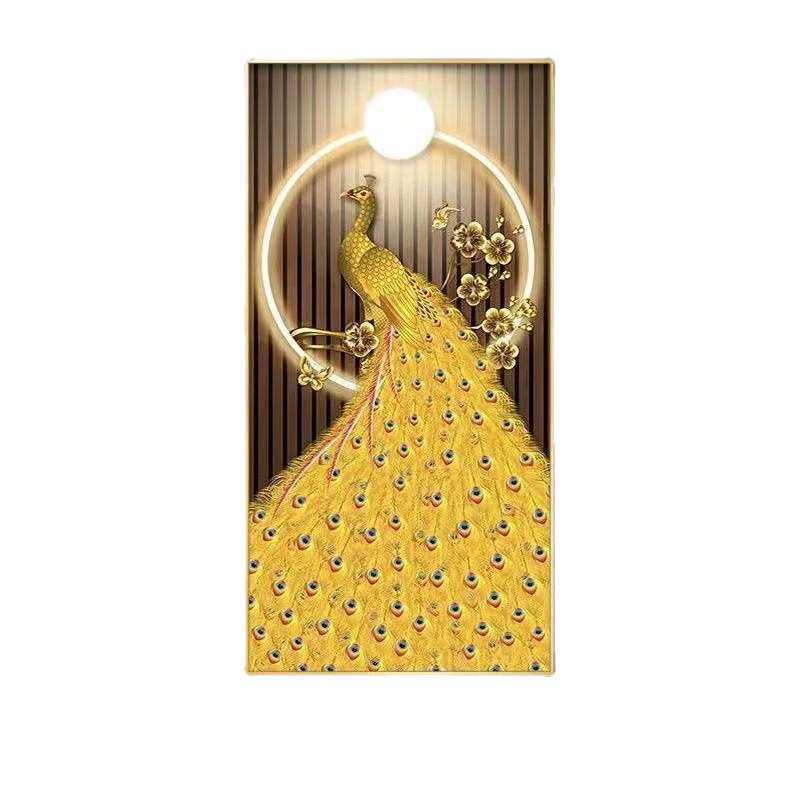 孔雀玄关画入户装饰画晶瓷镶钻走廊过道挂画寓意好壁画背景画