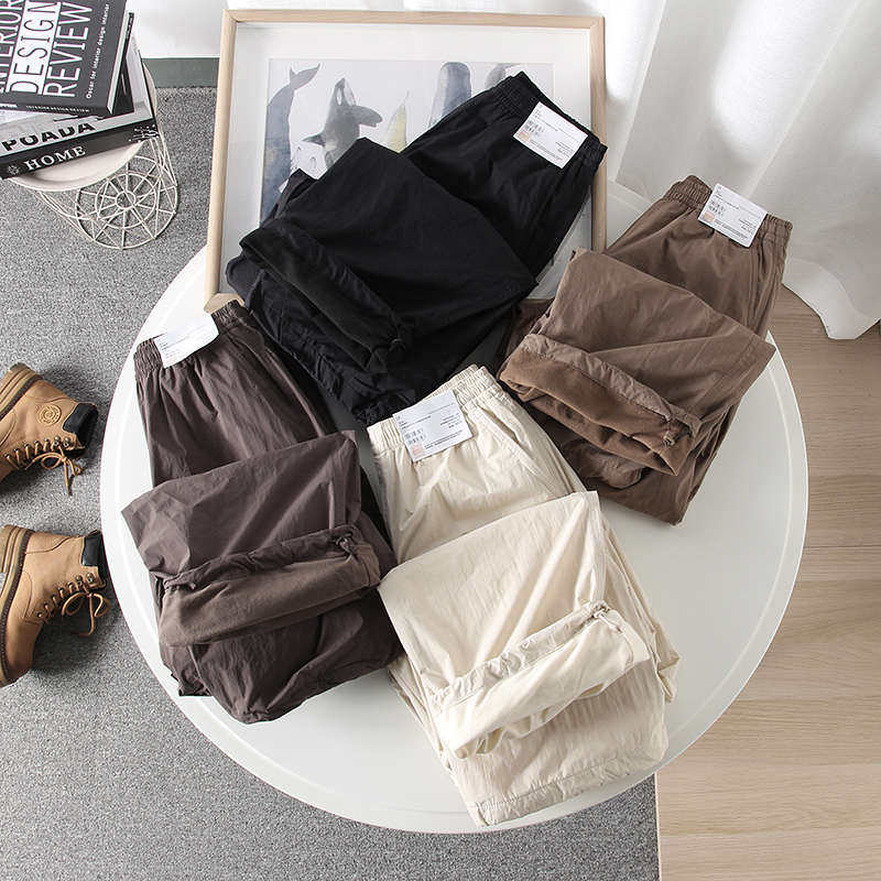 试衣间秋冬新款休闲加绒长裤阔感裤松紧百搭工装伞兵裤女470732