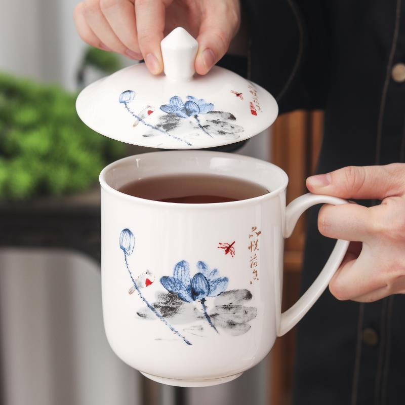 陶瓷茶杯大号带盖子带手柄老板杯办公杯会议杯超大瓷器家用水杯酒