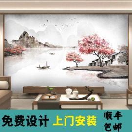 现代新中式意境水墨山水，墙纸壁画客厅沙发电视，背景墙壁纸无缝墙布