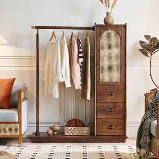 复古实木衣帽东亚民LU 挂架衣架带抽屉收 8241宿多功能藤编南落式