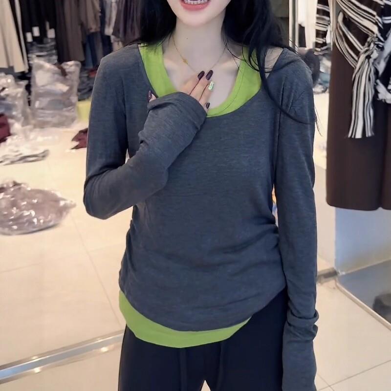 极速撞色两件套长袖T恤女2026秋季新款胖mm设计感巨显瘦大码纯棉