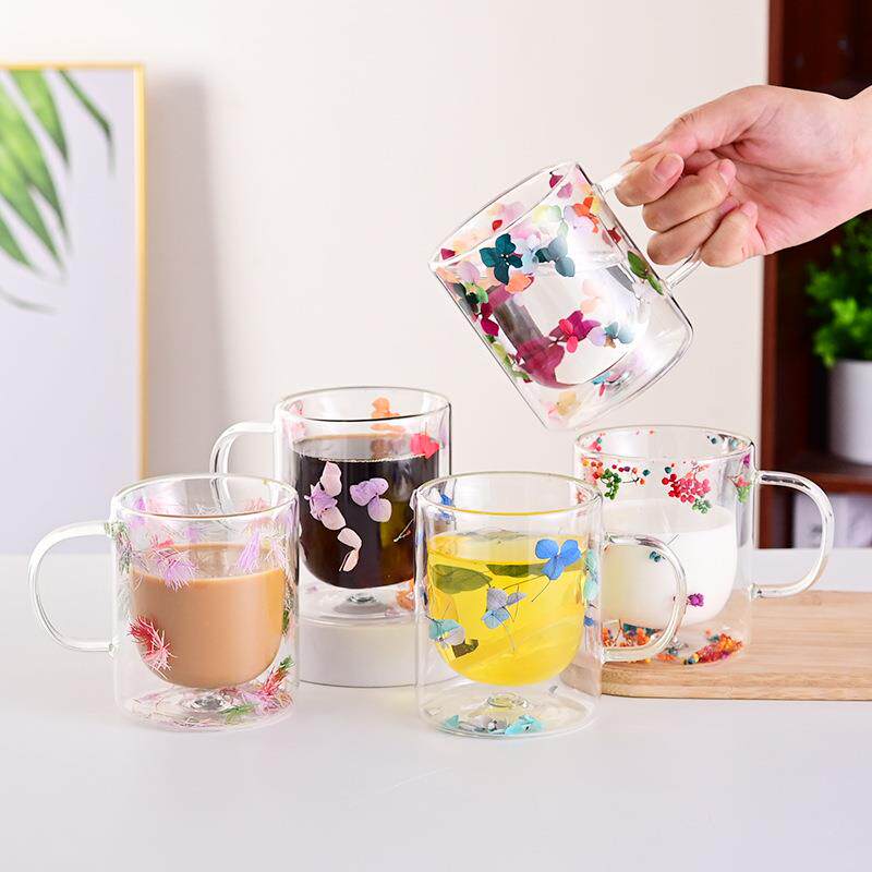 跨境出口双层杯真花干花高硼硅玻璃杯高颜值牛奶杯果汁杯咖啡杯