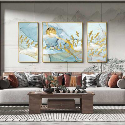 金鹿云泽新中式客厅沙发背景墙挂画风景三联画高级感卧室晶瓷画
