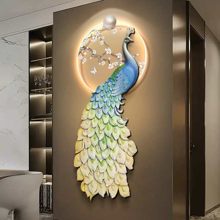 新中式孔雀玄关装饰画轻奢入户带led 灯发光壁画客厅走廊过道挂画图片