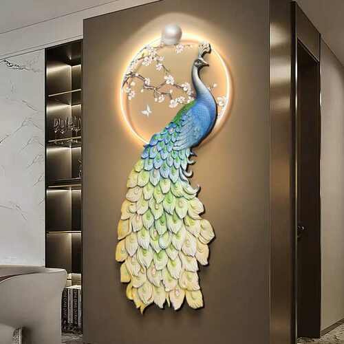 新中式孔雀玄关装饰画轻奢入户带led 灯发光壁画客厅走廊过道挂画