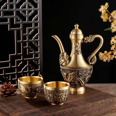 摆件铜器百酒壶壶高复黄铜餐厅龙凤宴会婚庆福古铜手把精雕纯茶壶
