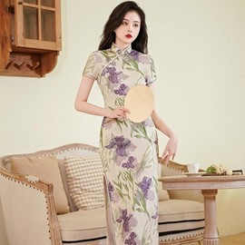 旗袍年轻款花色夏季复古中长款短袖中国风，古典新中式高级感小个子