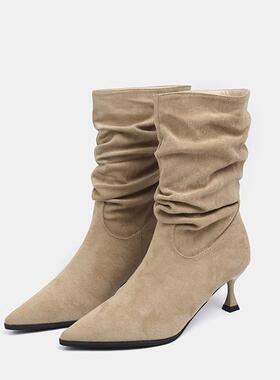 QVU~品牌专柜！秋冬新款褶皱短靴绒面时尚辣妹御姐细跟堆堆靴女靴