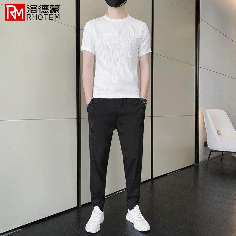 洛德蒙夏季圆领冰丝T-恤短裤痞帅潮流一整套男士休闲运动长裤套装