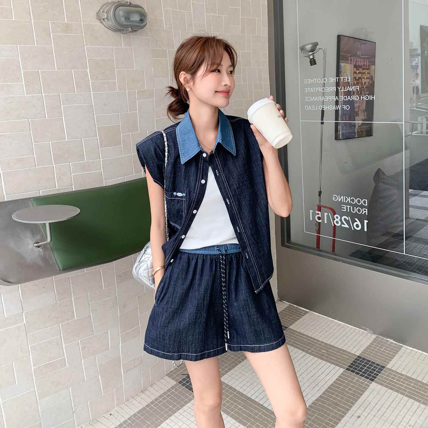 袖马甲短裤时两件套女夏季无新款减尚洋气龄显ZYI766K瘦套装裙子
