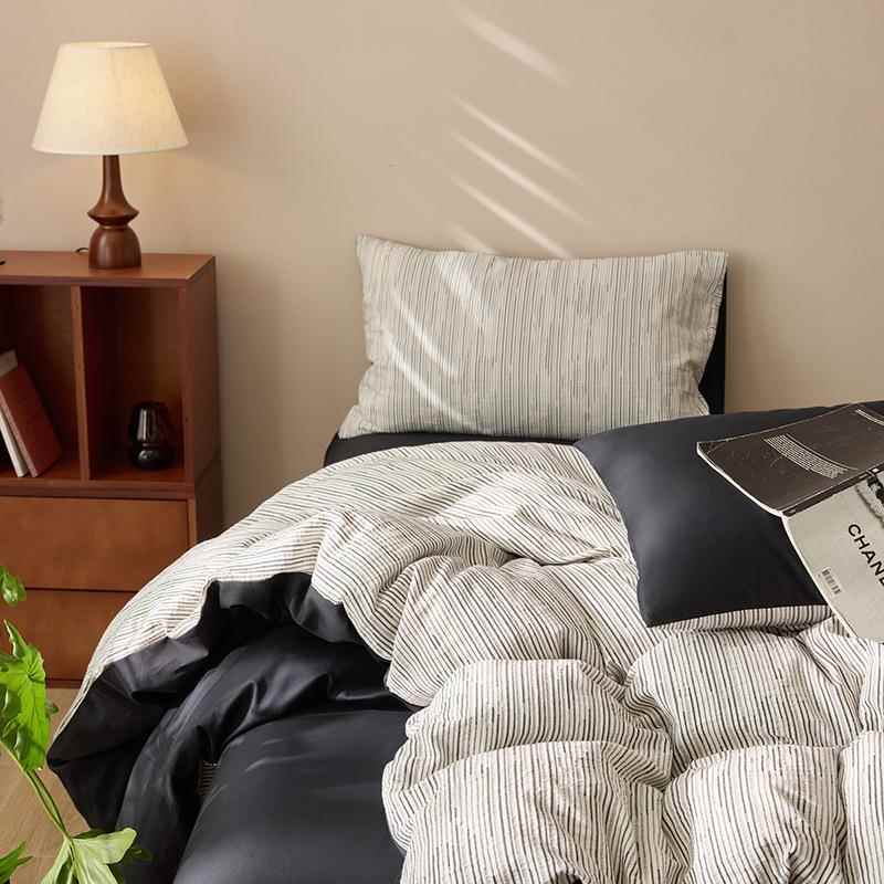 中古风全棉空气层提花简约四件套全棉三层纱条纹被套民宿风床品