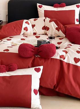 婚庆大红色100支长绒棉四件套爱心印花蝴蝶结被套结婚床上用品1.8