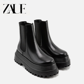 真皮ZR ZAUE切尔西靴厚底短筒松糕靴短靴黑色马丁靴女骑士靴