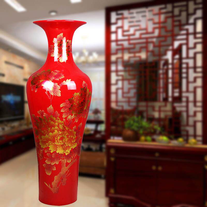 正品景居德中镇国红色金沙牡丹客厅落地大花瓶婚庆摆家花开富贵装