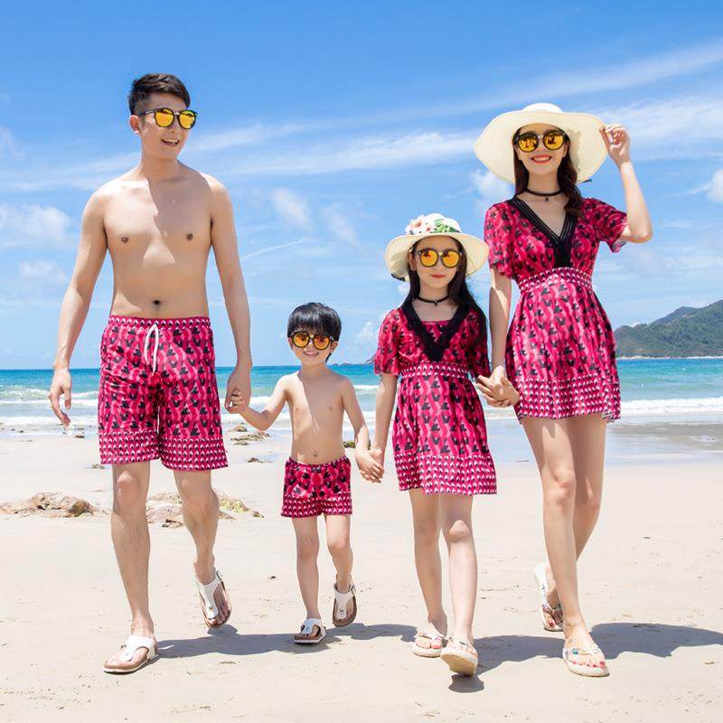 悦海悦贝亲子装泳衣一家三口母女装温泉保守泳装父子泳裤海边沙滩