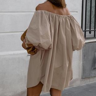 Fashion Sexy Puff Skirt Sleeve Off-shoulder Khaki Dress