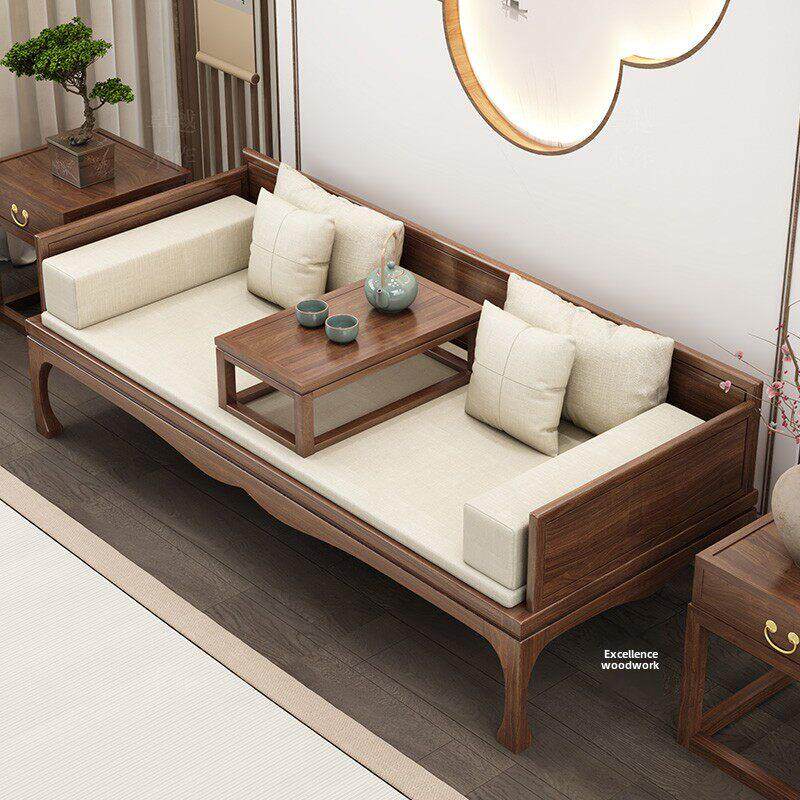 黑胡桃木白蜡木中式实木推拉罗汉床沙发新中式折叠沙发床两用储物