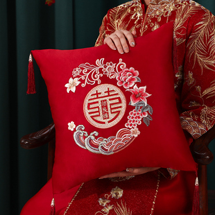 刺绣红色抱枕一对婚房压床布置客厅沙发装 中式 饰喜字靠枕结婚礼物