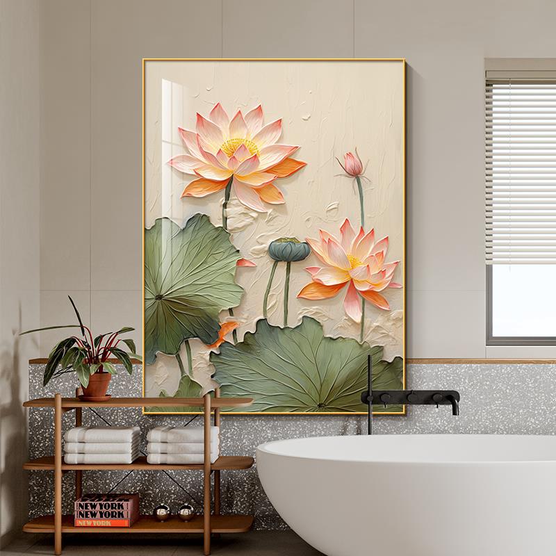 和气生财新中式客厅挂画 画化妆室厕所净秽荷花装饰画 画高级感茶