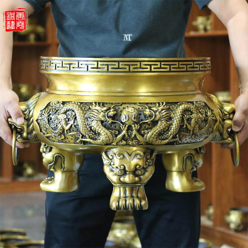 纯铜二龙戏珠香炉彷古做旧古法失蜡法黄铜整体铸造工艺特大号香炉