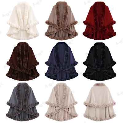 Women Color Shawl Warm Comfortable Faux Fur Trimmed Casual