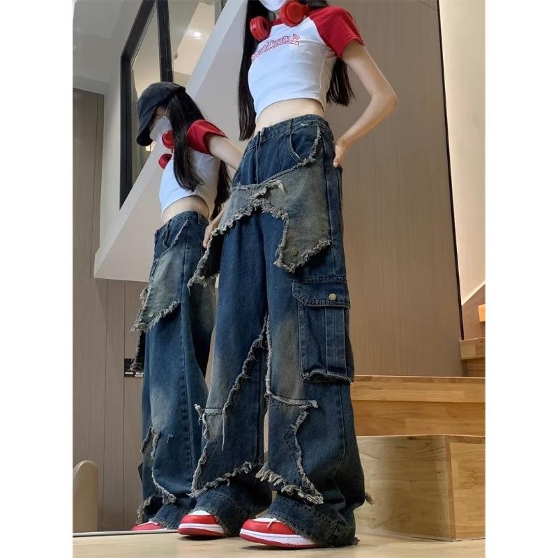 women jeans baggy long casual jeans women fading trousers