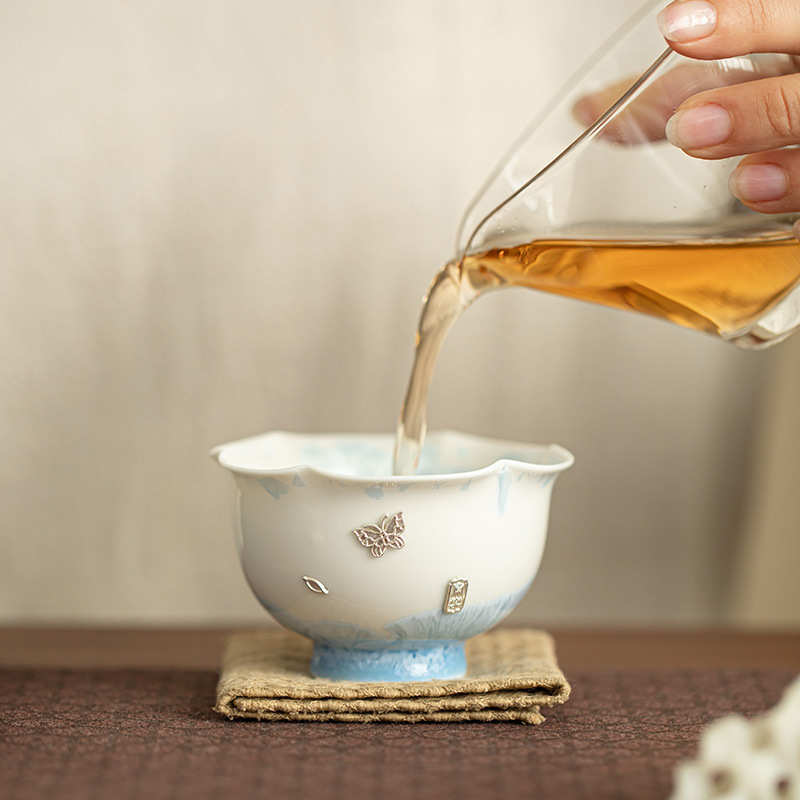 景德镇结晶釉窑变锔钉花口茶杯陶瓷茶具主人杯客杯品茗杯女生喝茶
