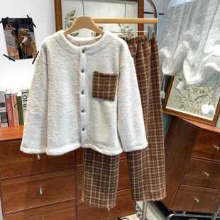 韩版撞色格子圆领开衫珊瑚绒睡衣女秋冬小个子外穿加厚保暖家居服