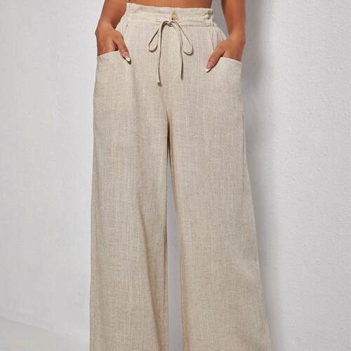 Drawstring paper bag waist wide leg pants