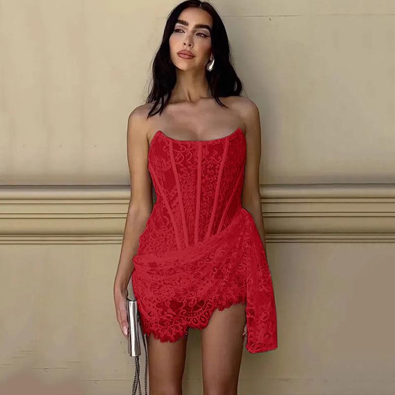 women tube Sexy strapless dress slim pattern lace mesh for