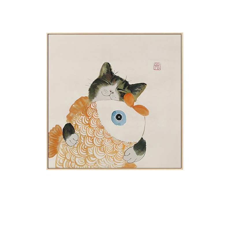新中式餐厅装饰画猫咪玄关客厅挂画日式和风饭厅墙面原木风墙画图片