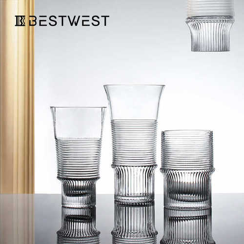 Best west 北欧本白透明直筒螺纹玻璃花瓶摆件客厅软装喇叭花器