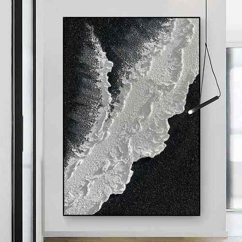 手绘油画黑白浪潮立体肌理抽象画走廊玄关挂画简约客厅落地装饰画