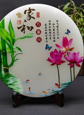 天然白玉平安扣摆件圆形彩绘玉扣家具风水玉石摆件彩色图案和氏璧