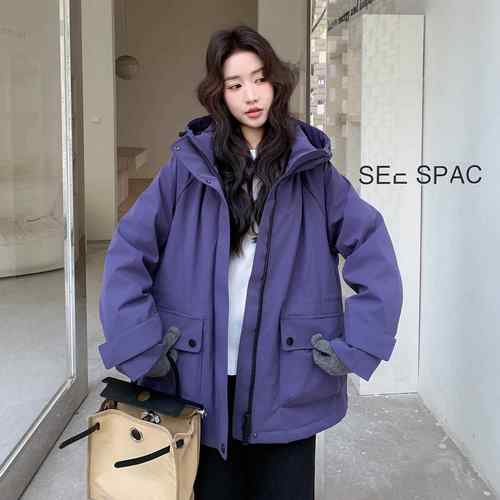 橘连色白绒风保暖羽绒服鸭女帽设2B154-WT防计冬新款甜酷派克服外