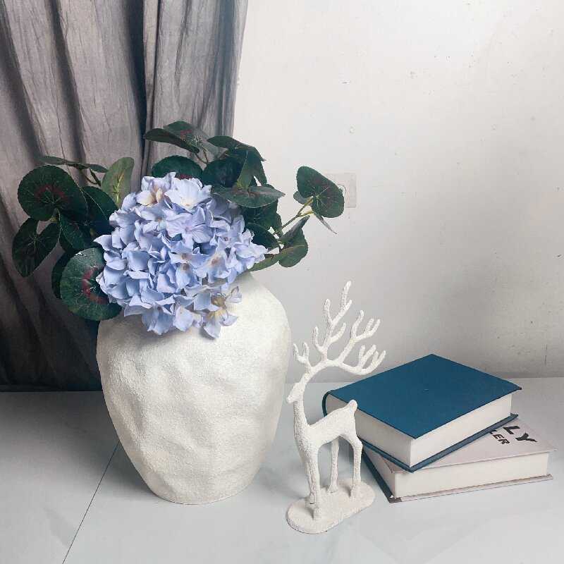 北欧防粗陶铁艺花盆高级感复古白色插花器桌面摆件别墅庭院绿植盆