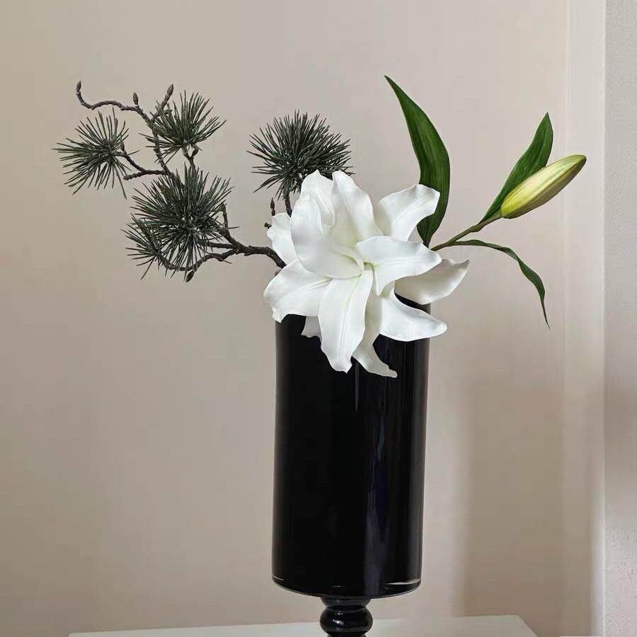中古黑色高脚玻璃花瓶复古插花水培摆件样板间软装高级感花器装饰