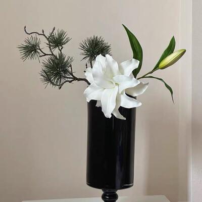 中古黑色高脚玻璃花瓶复古插花水培摆件样板间软装高级感花器装饰