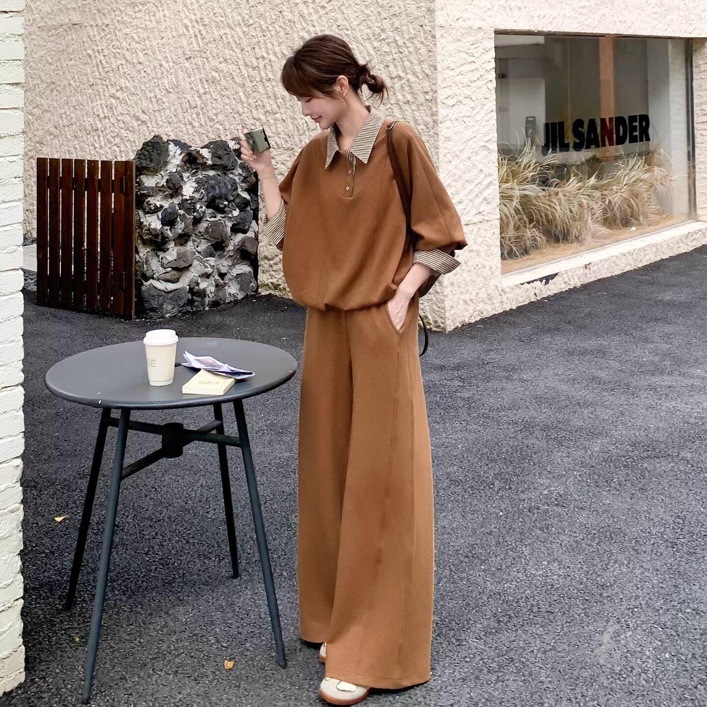 法国Rouje Moaks撞色拼接衬衫领卫衣阔腿裤两件套女2026春秋套装