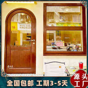 实木玻璃门窗定制折叠推拉咖啡店木门店铺移门定做原木风门窗