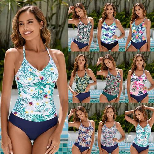 Printed sports conservative split swimsuit women's