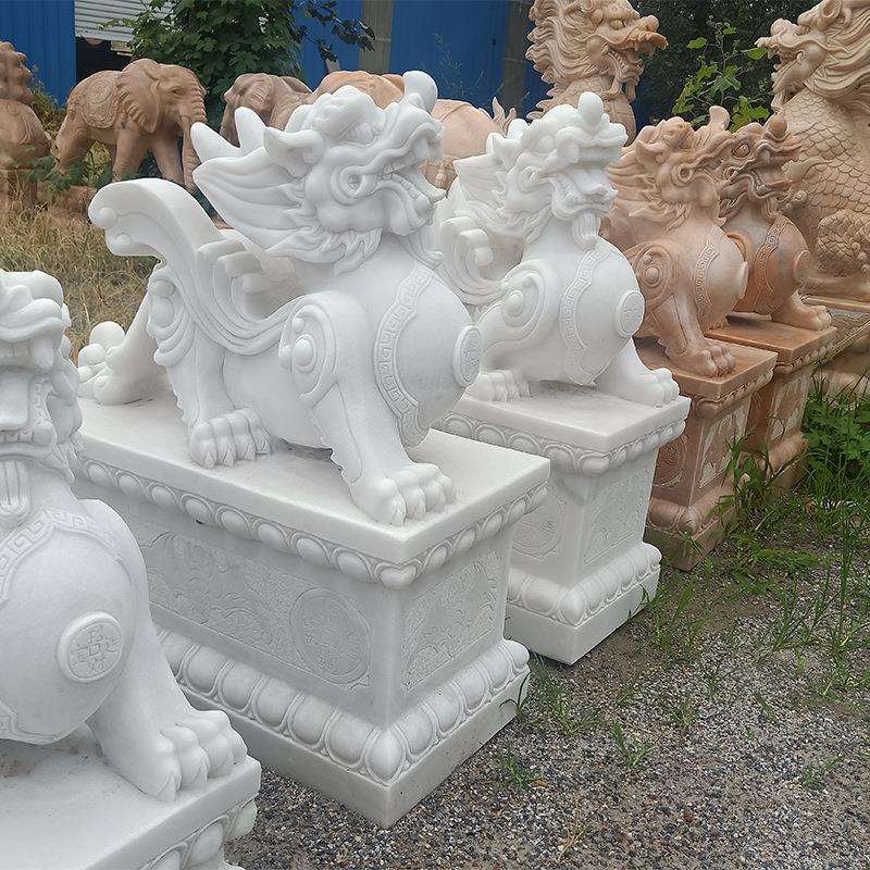 石雕貔貅一对庭院别墅晚霞红独角兽麒麟装饰摆件