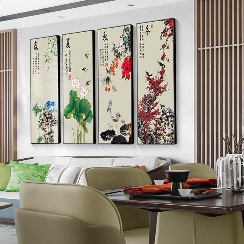 网红式客厅背景装饰画画荷花夏秋冬大春画气四联壁画墙别中墅酒店图片