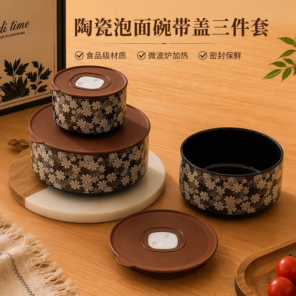 陶瓷食品级大号泡面碗带盖三件套微波炉加热密封保鲜盒家用便当