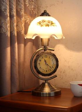 正品欧式复卧古田中园古典床头灯新式带钟室表可调光书房装饰玻璃