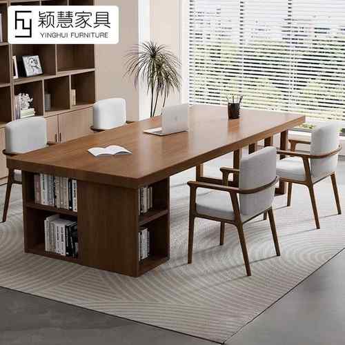简约现代实木大长书桌书柜一体写字桌家用学生学习桌办公桌工作台
