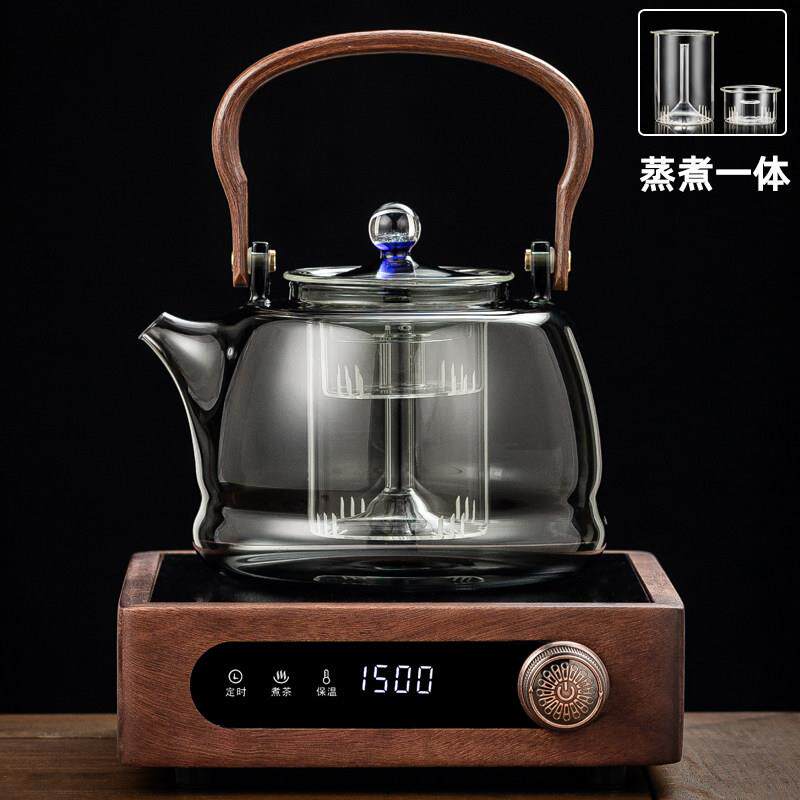 新款实木电陶炉煮茶壶加厚耐热玻璃蒸煮一体壶家用养生泡茶壶套餐