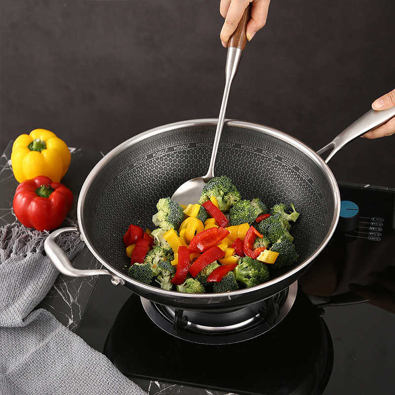 无涂层炒菜锅现代简约家用厨房爆炒不粘锅煎锅304不锈钢带盖炒锅