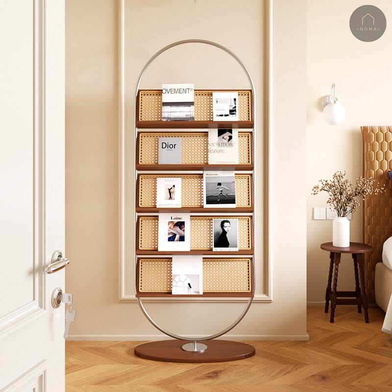 包豪斯置物架实木落地杂志书架子不锈钢复中古藤编屏风展示可移动